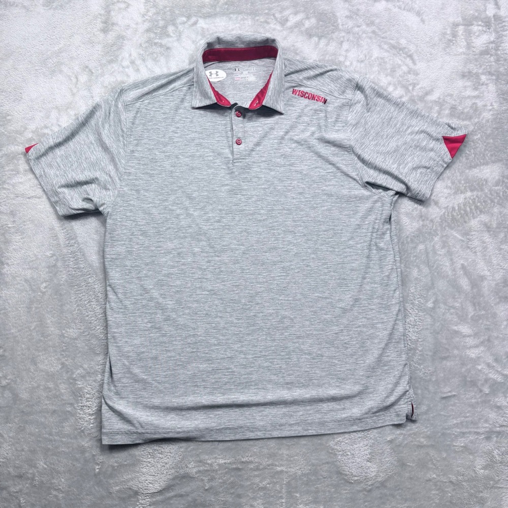 Under Armour Polo Shirt Mens Large‎ Grey Wisconsin Badgers HeatGear Loose Fit